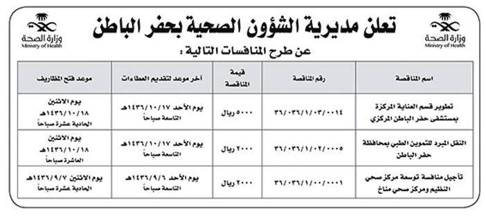 مديرية الشئون الصحية بحفر الباطن تعلن عن منافسات 