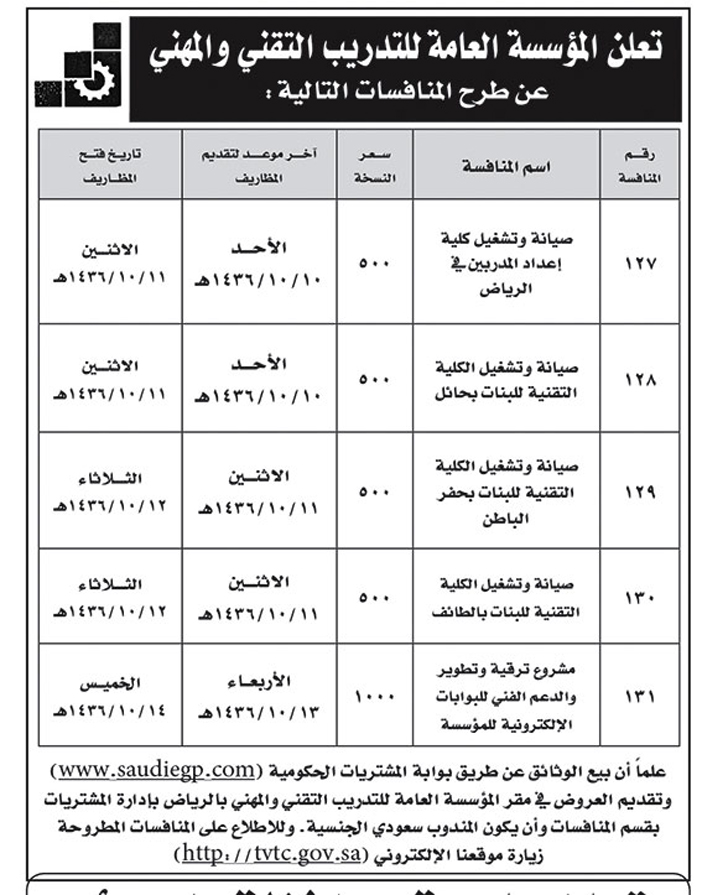 المؤسسة العامة للتدريب التقنى والمهنى تعلن عن منافسات 