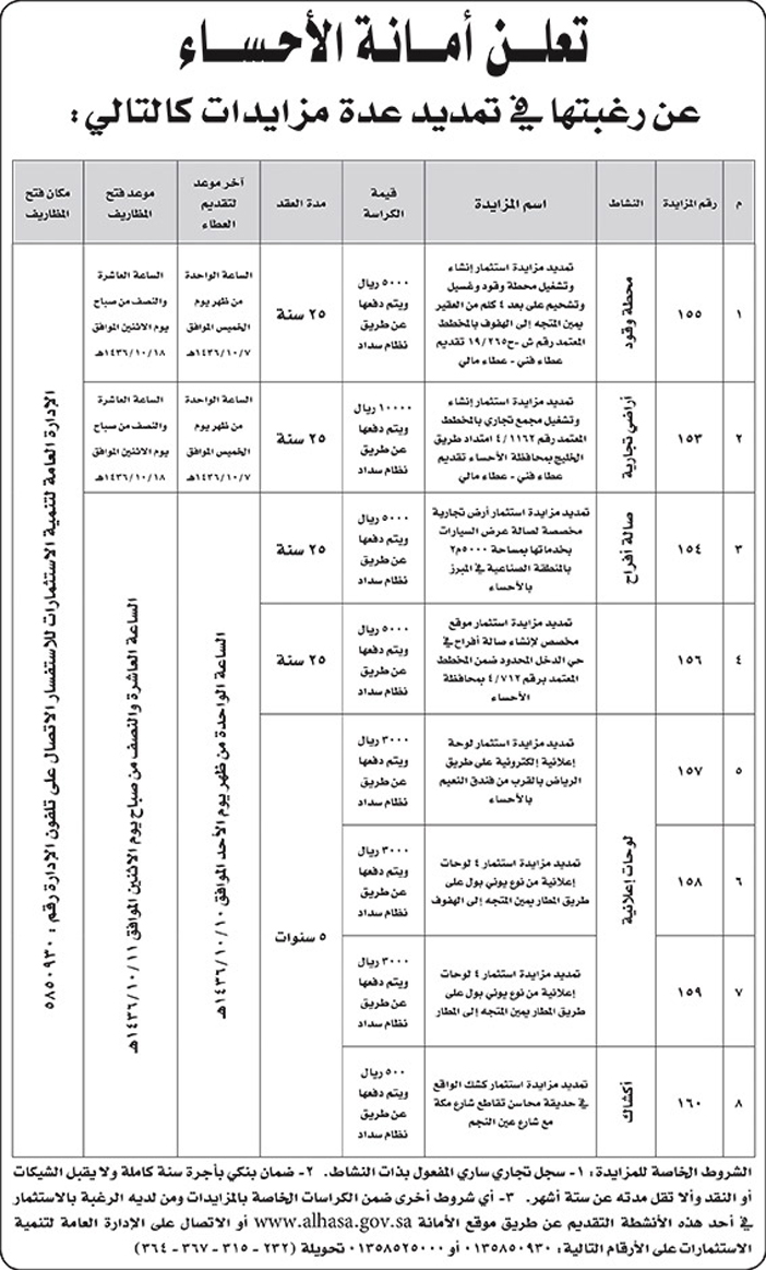 امانة الاحساء تمدد عدة مزايدات 