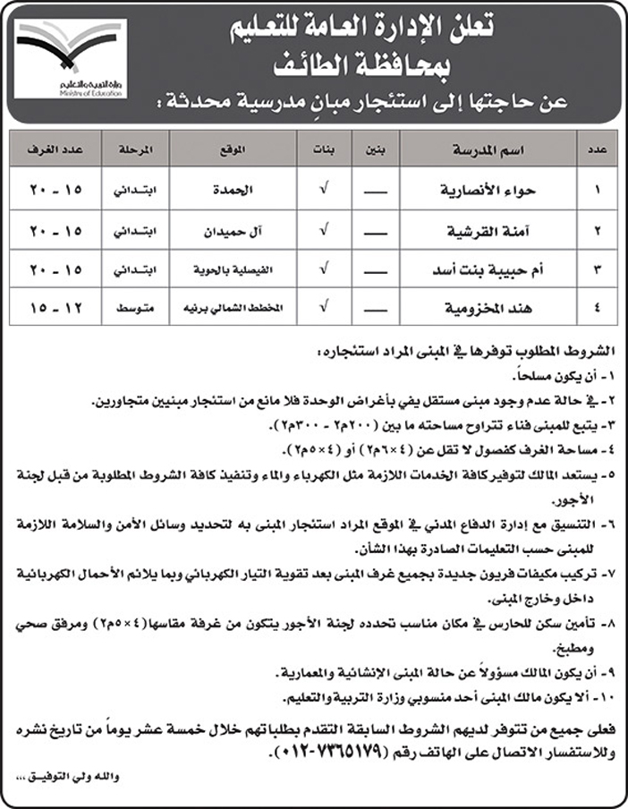 الادارة العامة للتعليم بالطائف تعلن عن استئجار مبانى مدرسية 