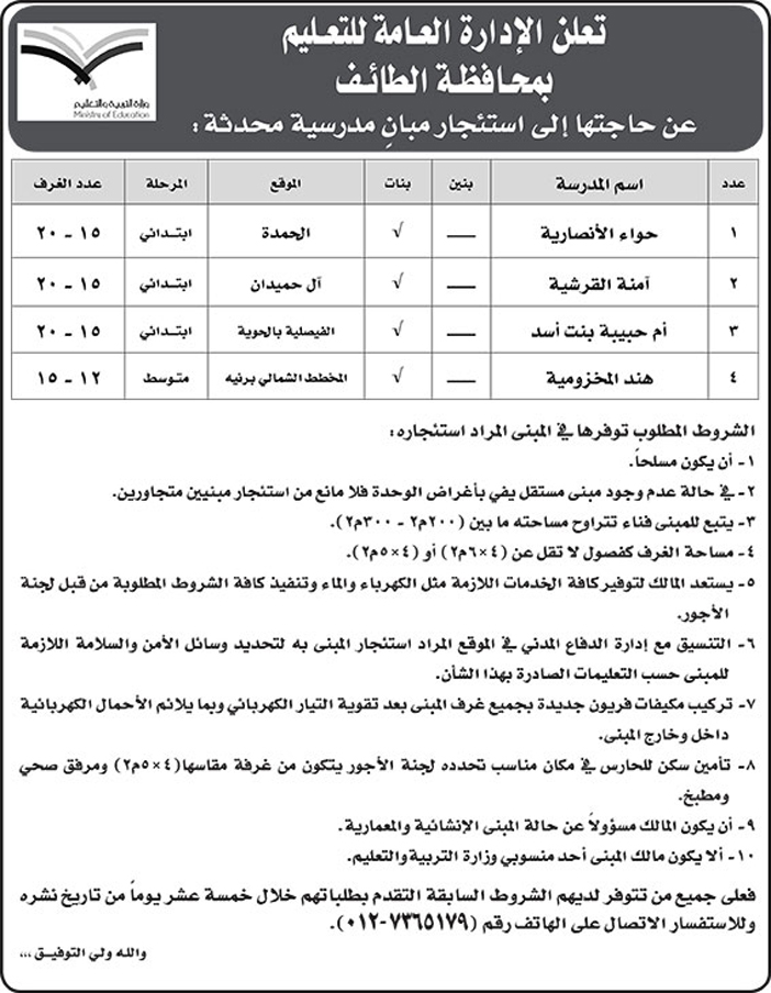 الادارة العامة للتعليم بمحافظة الطائف ترغب باستئجار مبان 