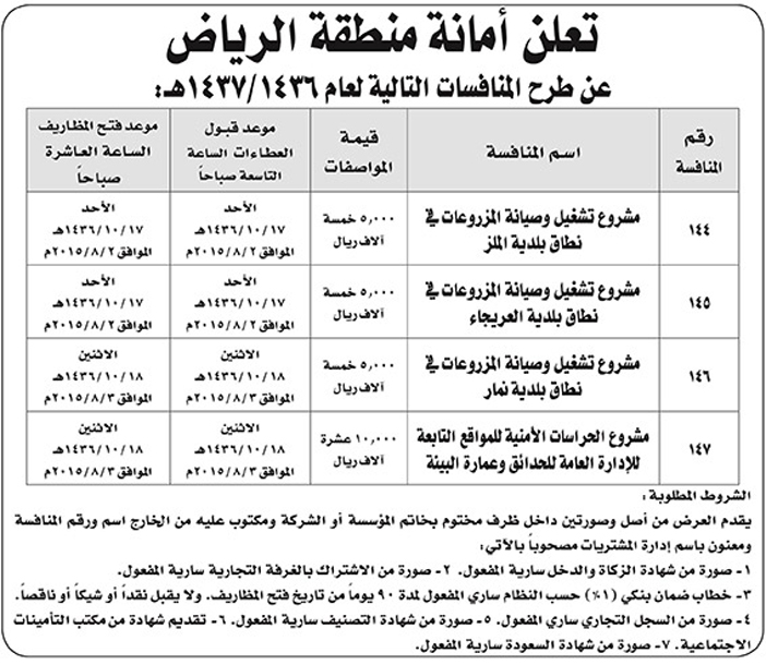 امانة منطقة الرياض تعلن عن منافسات 