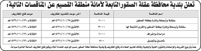 بلدية محافظة عقلة الصقور تعلن عن مناقصات 