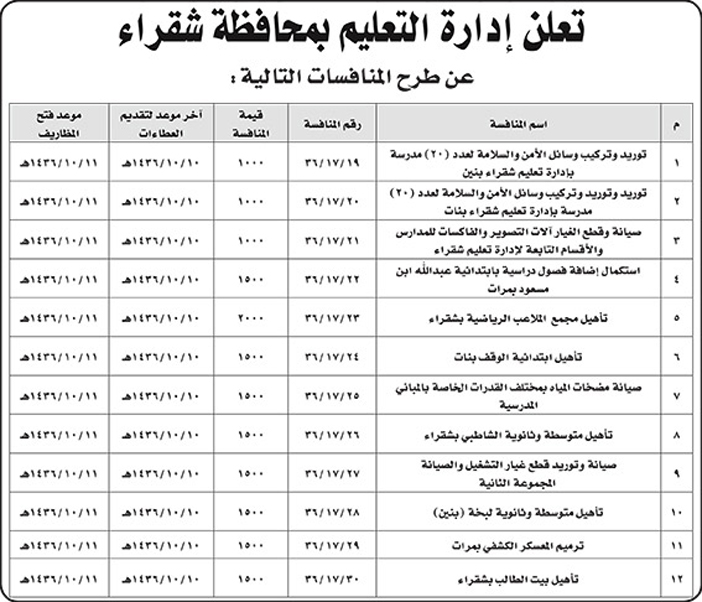 ادارة التعليم بمحافظة شقراء تعلن عن منافسات 