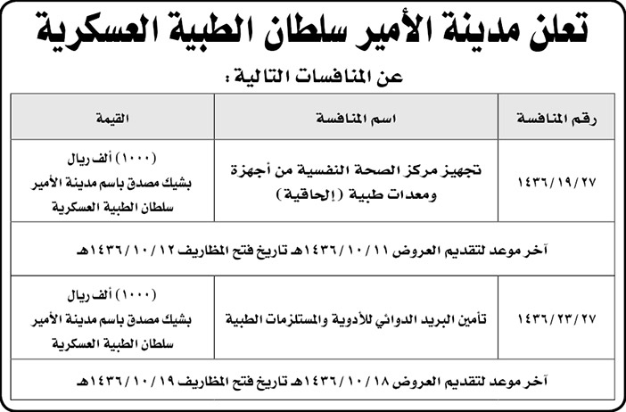 مدينة الامير سلطان الطبية العسكرية تعلن عن منافسات 