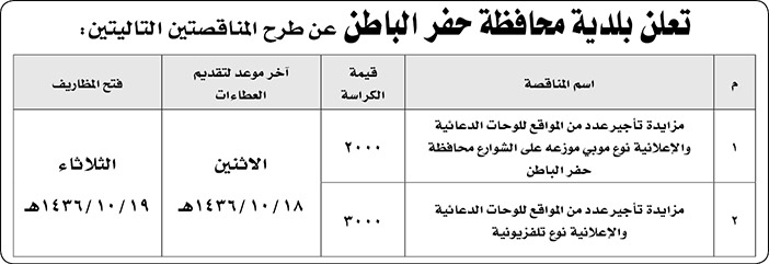 بلدية محافظة حفر الباطن تعلن عن مناقصتين 