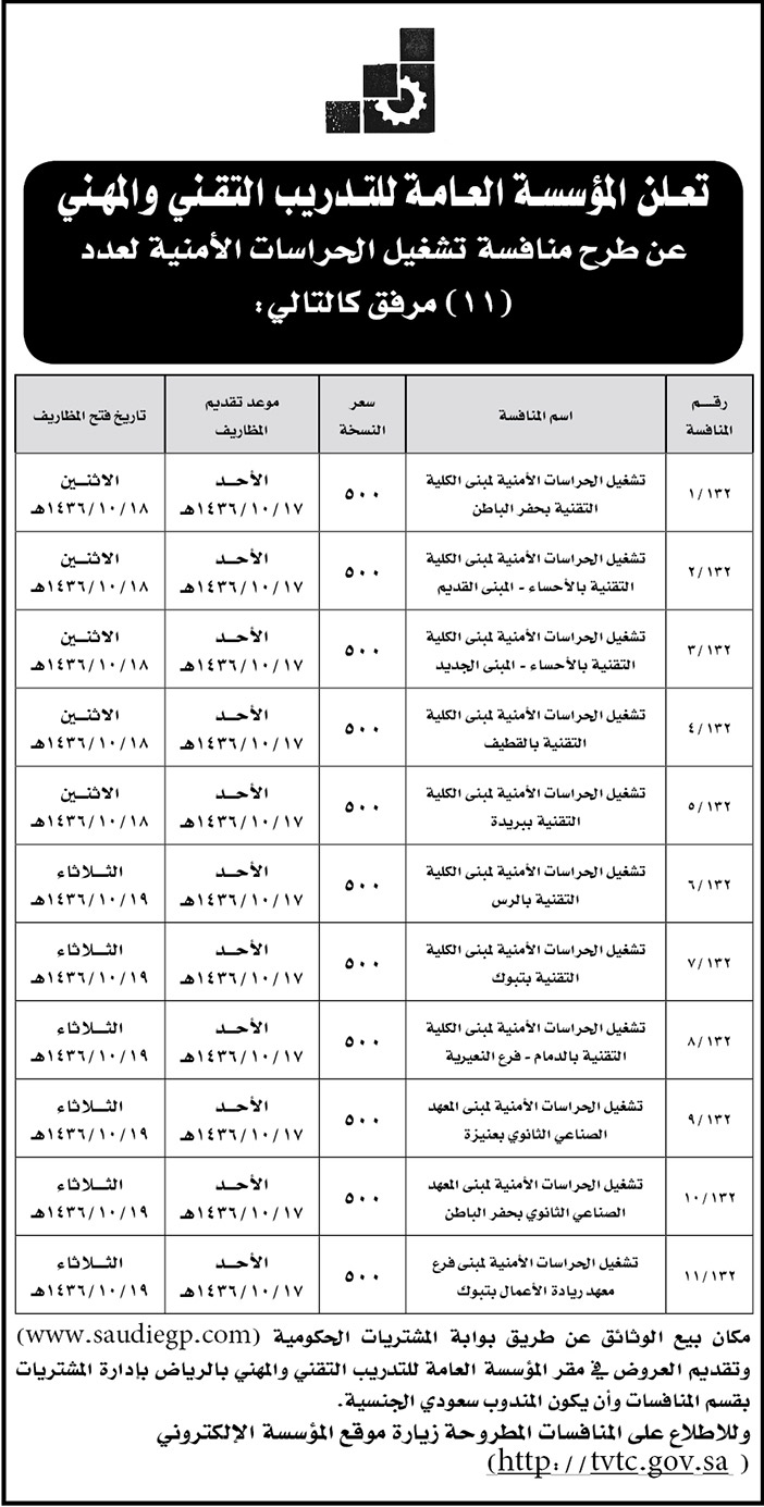 المؤسسة العامة للتدريب التقنى والمهنى تعلن عن منافسات 