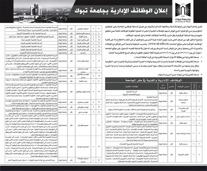 اعلان الوظائف الادارية بجامعة تبوك 