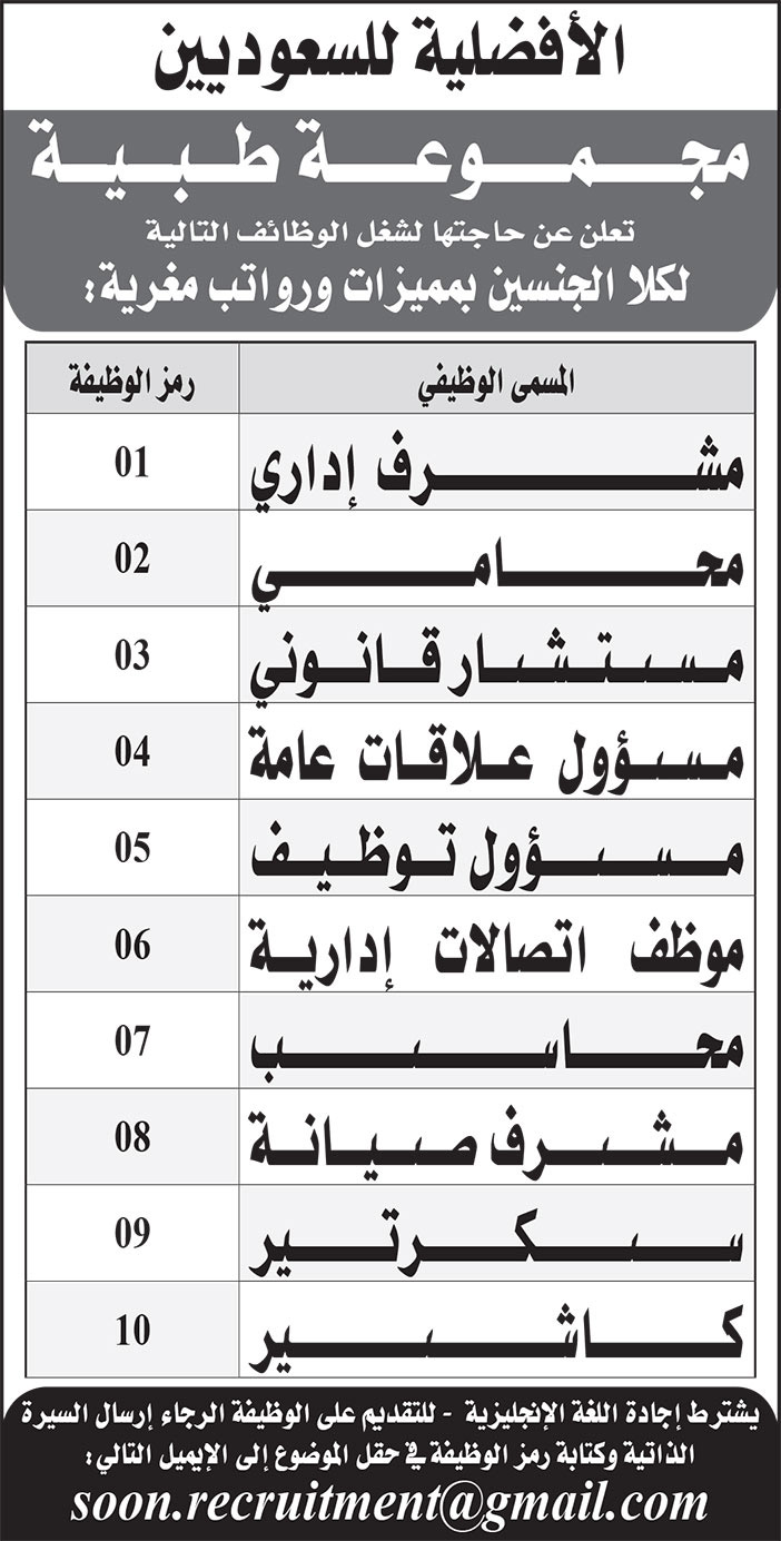 مجموعة طبية بحاجة لوظائف 