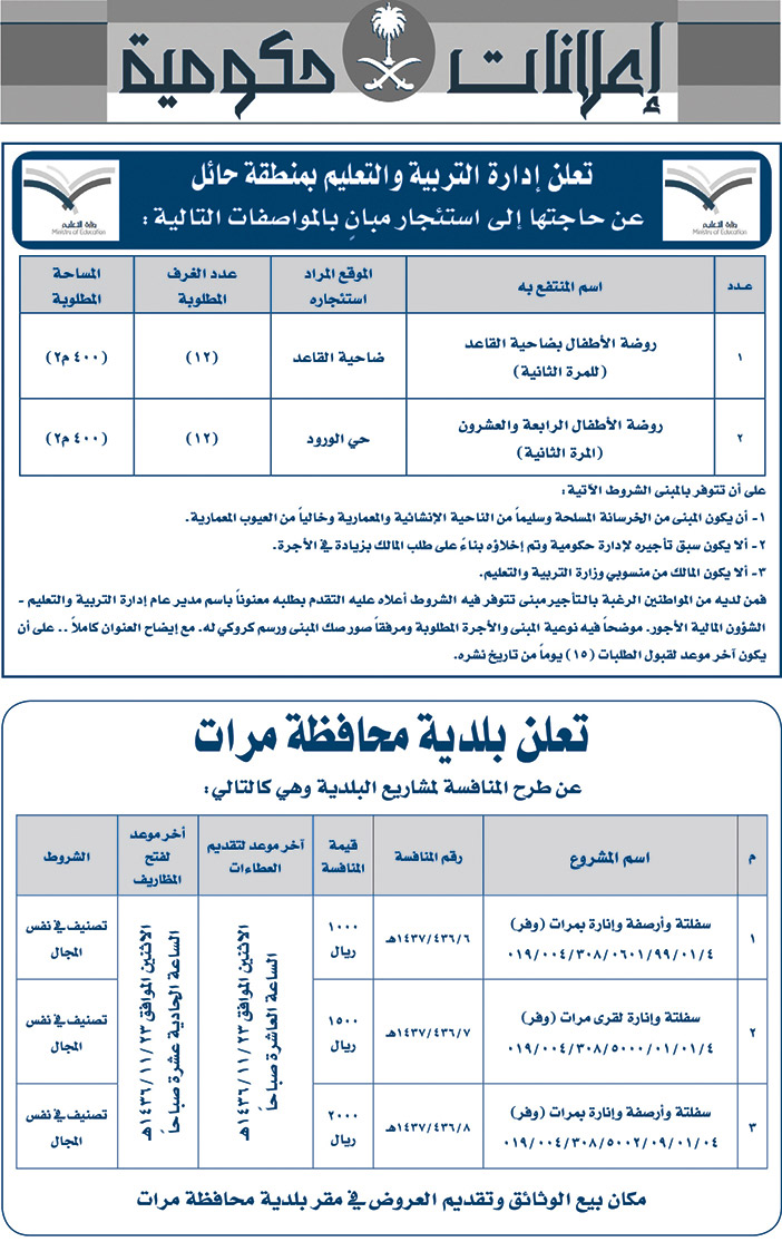 مناقصات حكومية ( بناء - اسئجار - هدم - نقل - صيانة - تشغيل - شراء - بيع) 