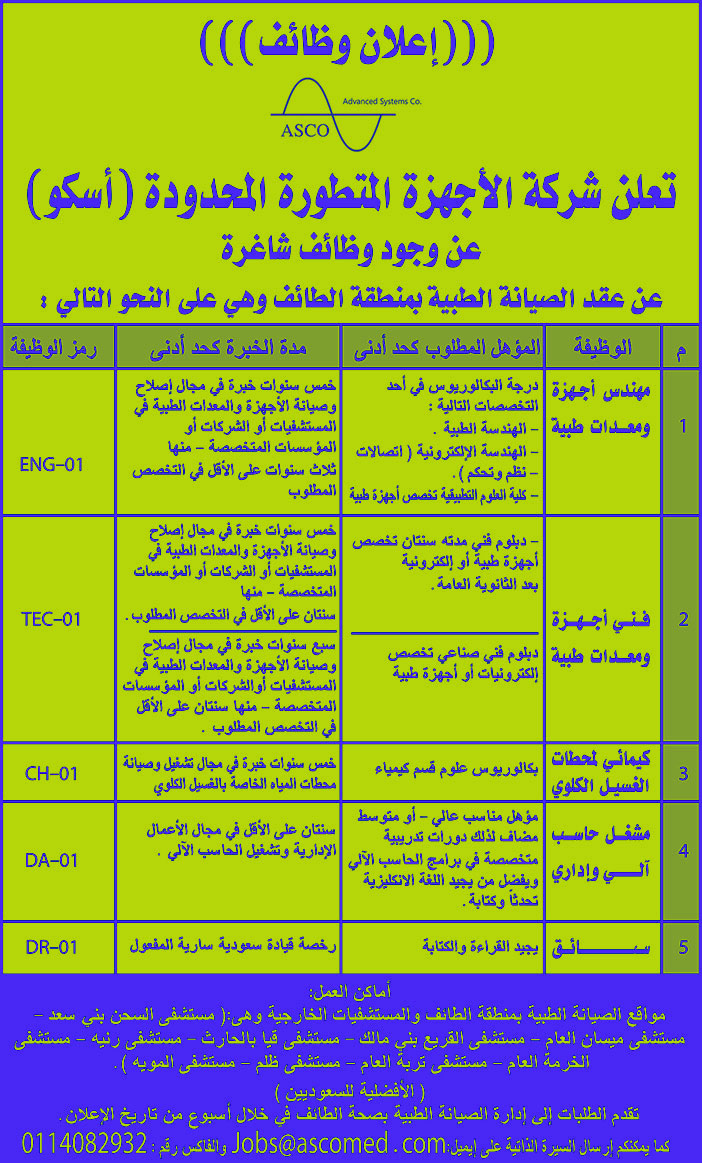 شركة الاجهزة المتطورة المحدودة أسكو تعلن عن وظائف 