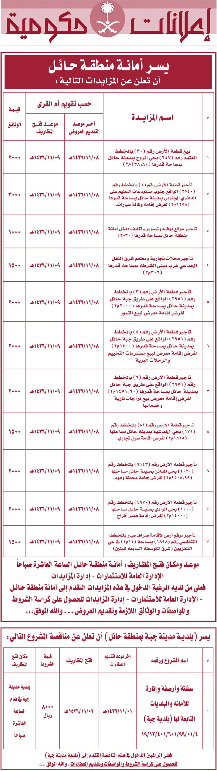 مناقصات حكومية ( بناء - اسئجار - هدم - نقل - صيانة - تشغيل - شراء - بيع) 