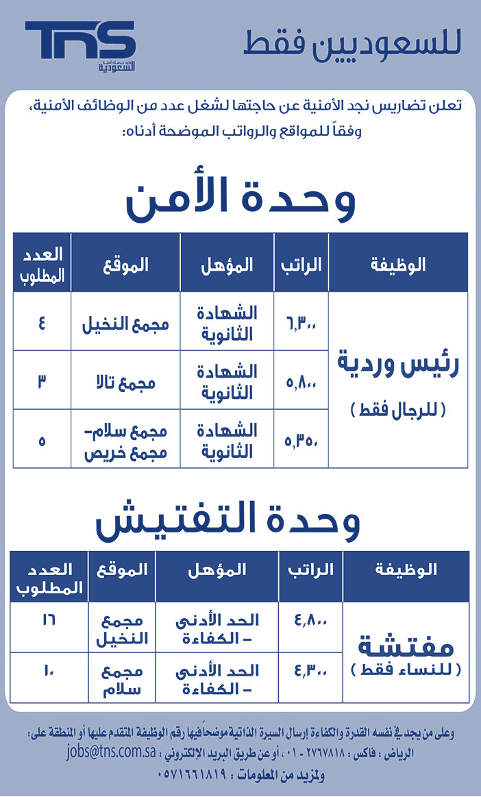 للسعوديين فقط وظائف شركة تي أن أس السعودية 