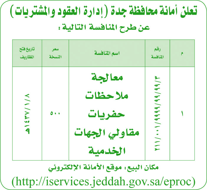 تعلن عن امانة محافظة جدة عن طرح المنافسة التالية 