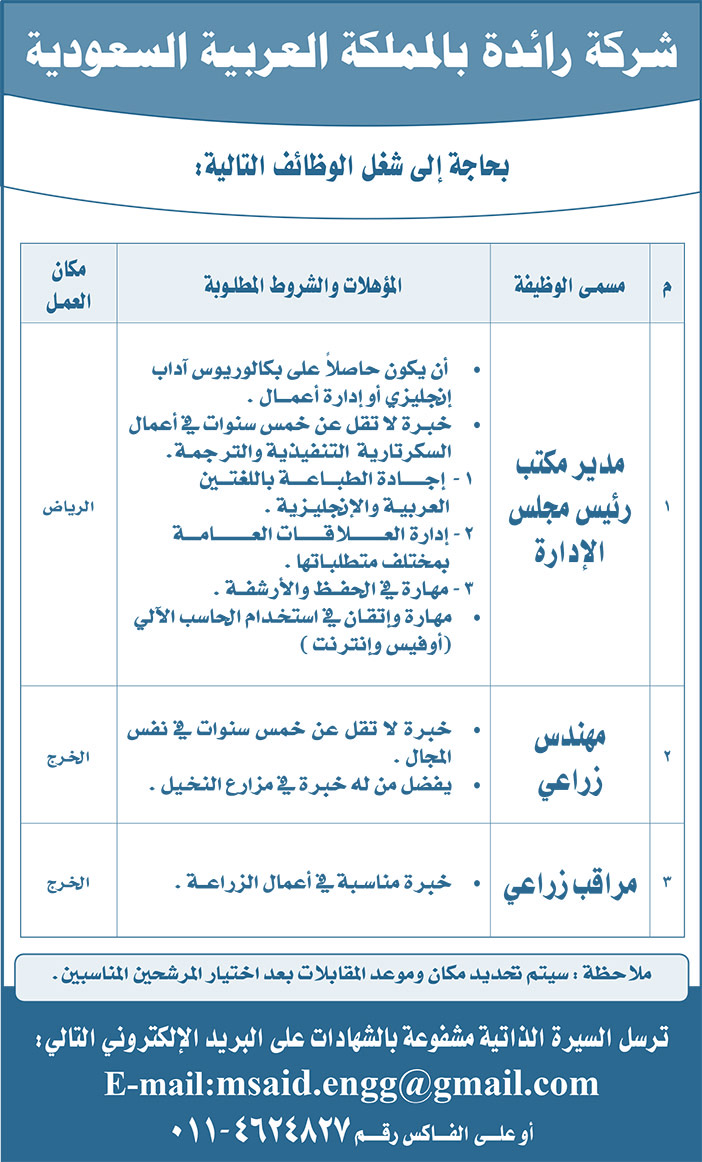 شركة رائدة بالمملكة العربية السعودية بحاجة إلى شغل الوظائف التالية 