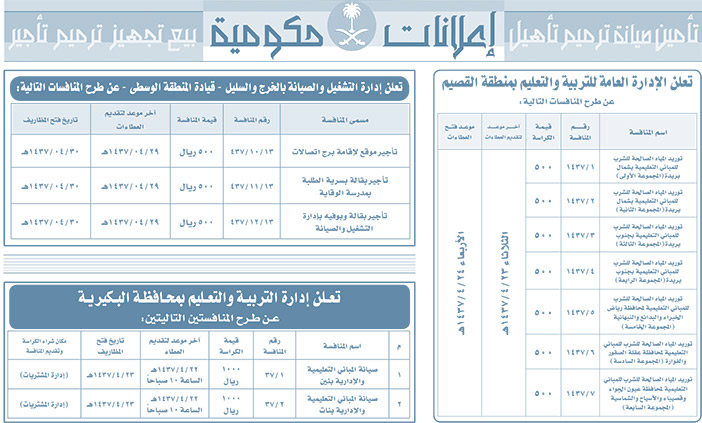 مناقصات حكومية ( بناء - اسئجار - هدم - نقل - صيانة - تشغيل - شراء - بيع) 