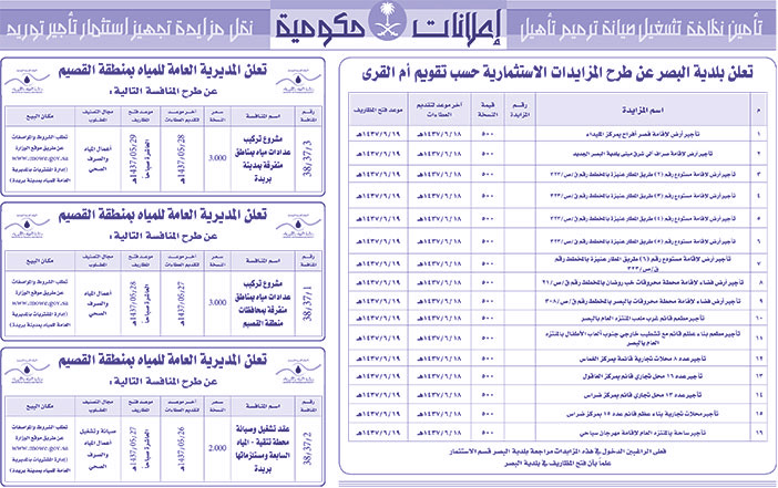 مناقصات حكومية ( بناء - اسئجار - هدم - نقل - صيانة - تشغيل - شراء - بيع) 