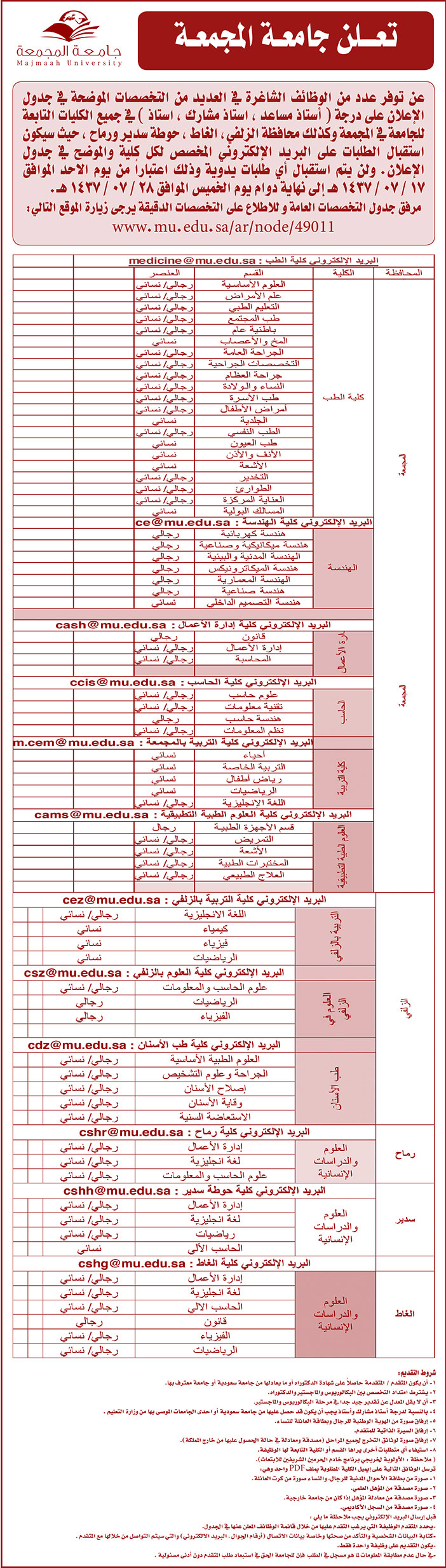 تعلن جامعة المجمعة عن توافر وظائف 