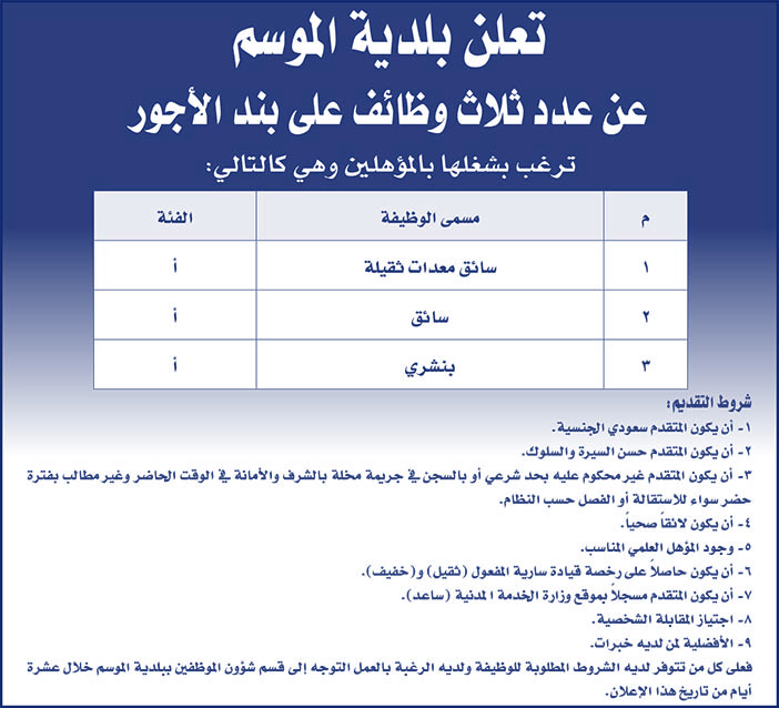 تعلن بلدية الموسم عن عدد ثلاث وظائف على بند الأجور 