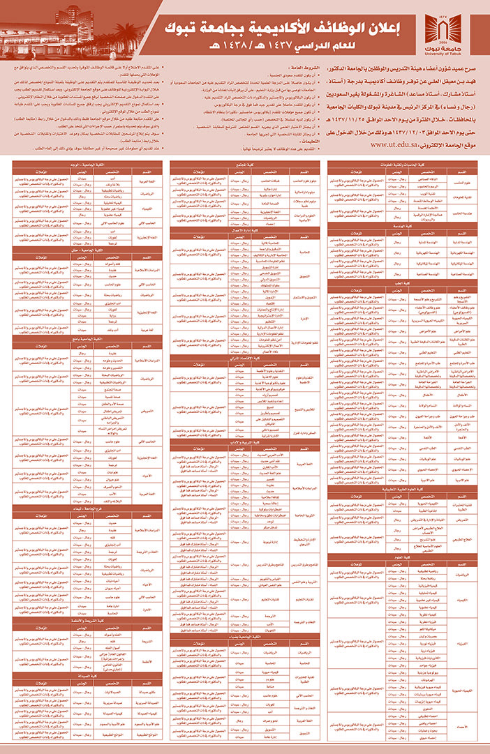 إعلان الوظائف الأكاديمية بجامعة تبوك 
