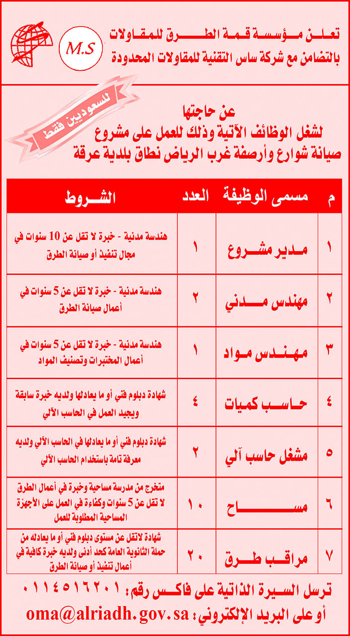 #وظائف مؤسسة الطرق للمقاولات 