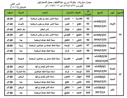 جدول مباريات الجولة 14 و15 من دوري جميل 