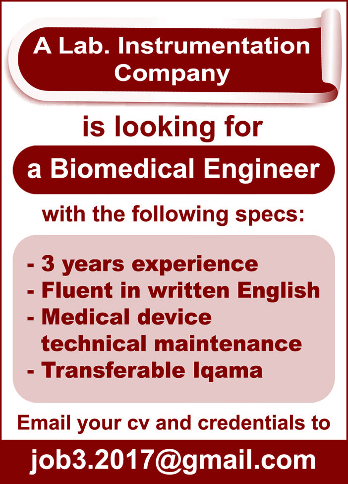 A Lab. instrumentation copany Is loooking for a Biomedical Engineer 