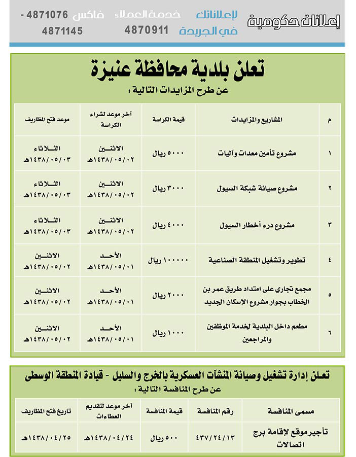 # مناقصات حكومية ( بناء - اسئجار - هدم - نقل - صيانة - تشغيل - شراء – بيع( 