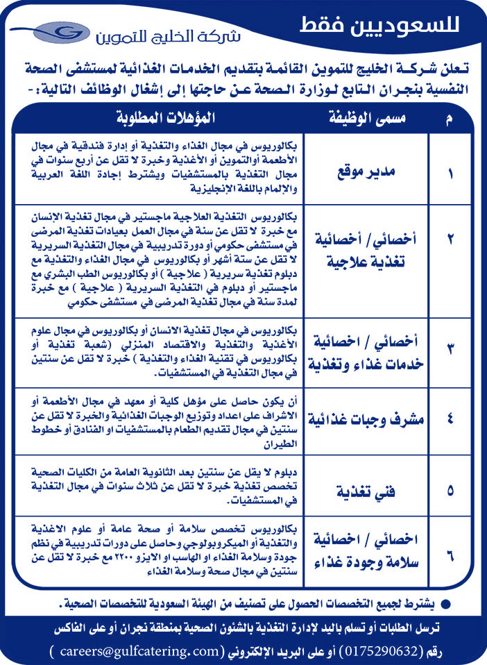 للسعوديين فقط شركة الخليج للتموين تتطلب توظيف 