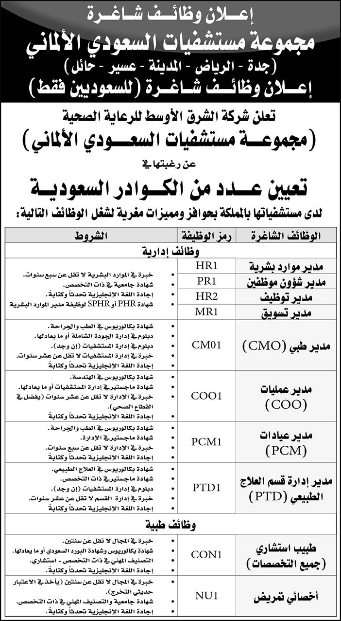 مجموعة مستشفبيات السعودي الألماني تتطلب وظائف شاغرة 