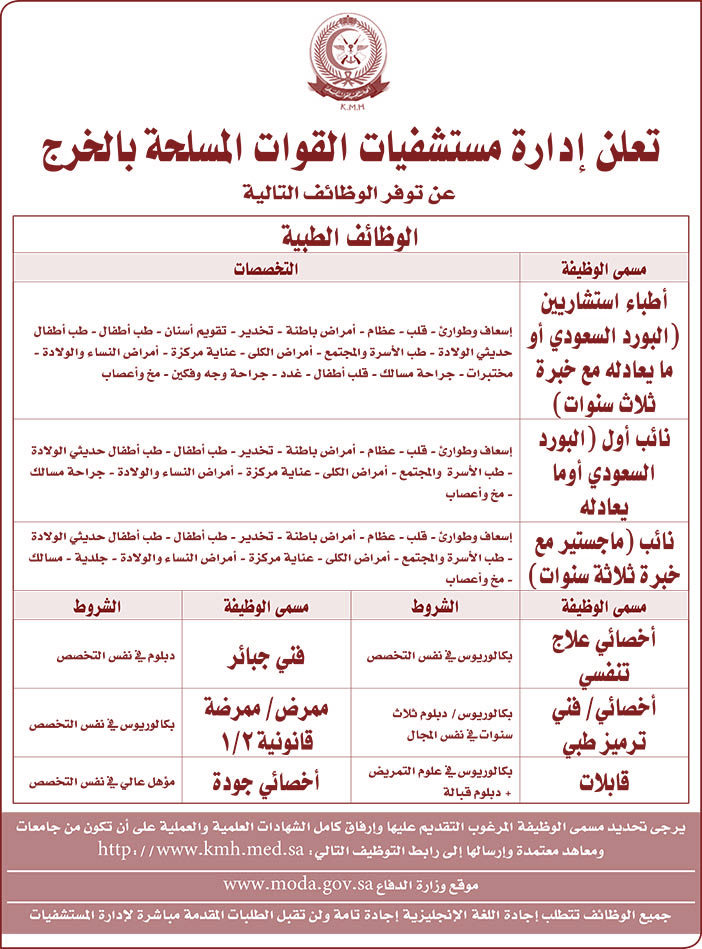 تعلن إدارة مستشفيات القوات المسلحة بالخرج عن توافر الوظائف التالية 