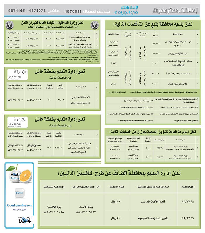 # مناقصات حكومية ( بناء - اسئجار - هدم - نقل - صيانة - تشغيل - شراء – بيع ) 