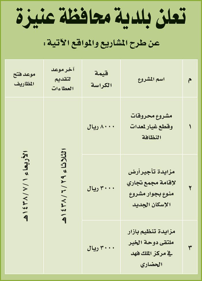 # مناقصات حكومية ( بناء - اسئجار - هدم - نقل - صيانة - تشغيل - شراء – بيع ) 