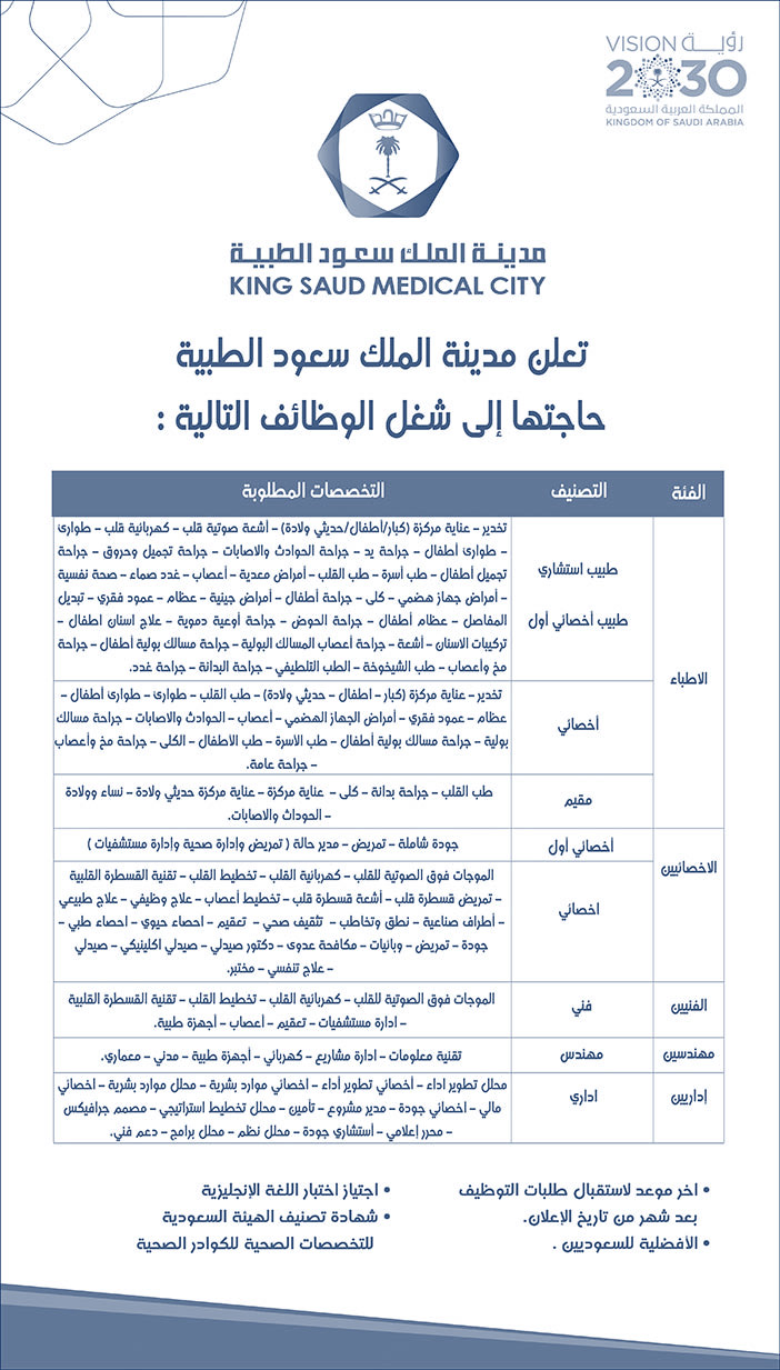 تعلن مدينة الملك سعود الطبية حاجتها إلى شغل الوظائف التالية 