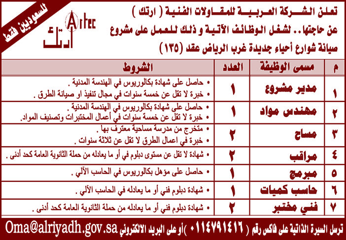 تعلن الشركة العربية للمقاولات الفنية (ارتك) عن حاجتها لشغل الوظائف التالية.. 