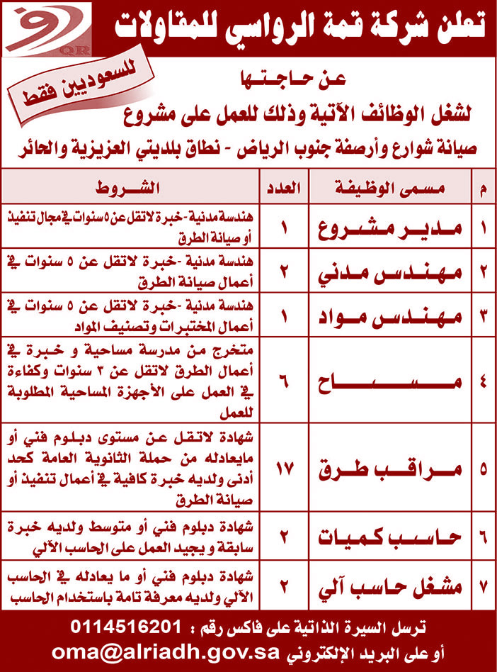 تعلن شركة قمة الرواسي للمقاولات عن حاجتها لشغل الوظائف الأتية 