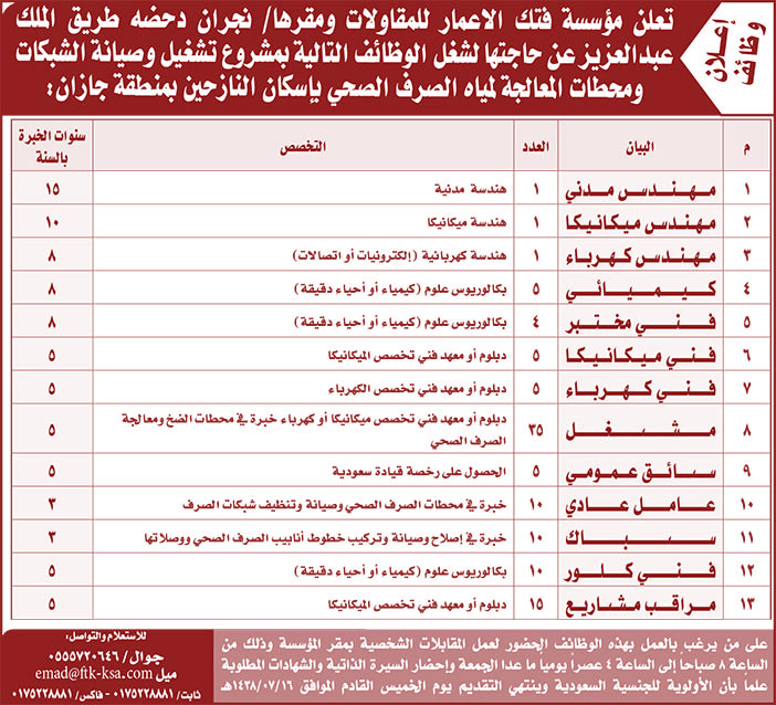 مؤسسة فتك الاعمار للمقاولات إعلان وظائف 