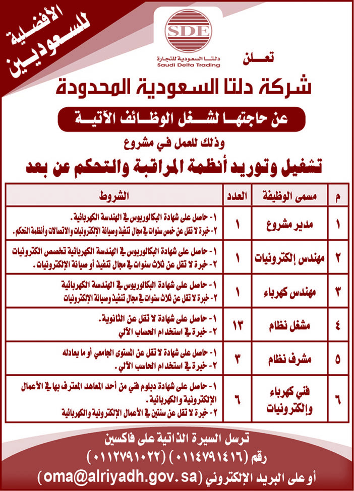 تعلن شركة دلتا السعودية المحدودة عن حاجتها لشغل الوظائف الآتيه 