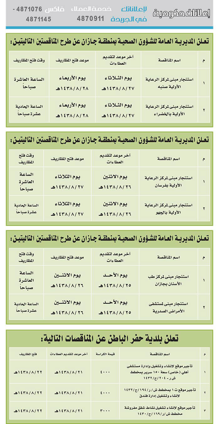 # مناقصات حكومية ( بناء - اسئجار - هدم - نقل - صيانة - تشغيل - شراء – بيع( 