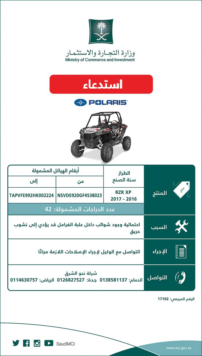 استدعاء مركبات Polaris RZR XP 