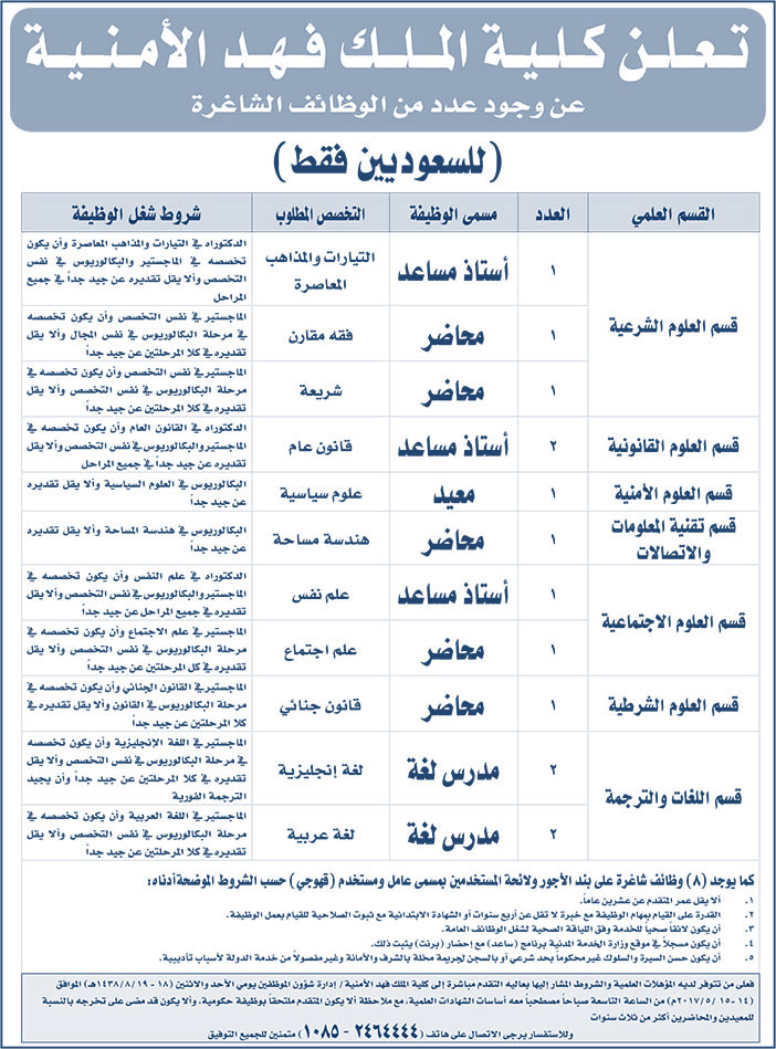 تعلن كلية الملك فهد الأمنية عن وجود عدد من الوظائف الشاغرة 