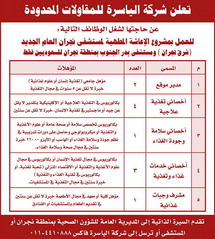 تعلن شركة الياسرة للمقاولات المحدودة عن حاجتها لشغل الوظائف التالية 