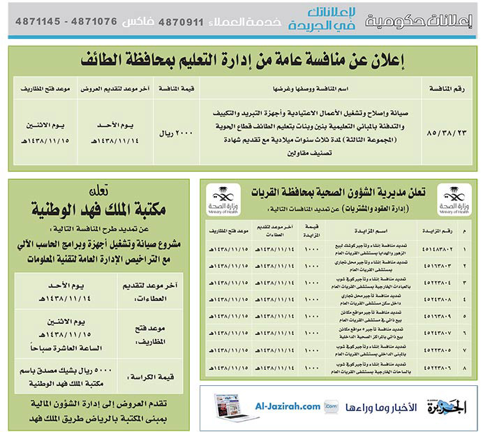 مناقصات حكومية (بناء - اسئجار - هدم - نقل - صيانة - تشغيل - شراء – بيع) 