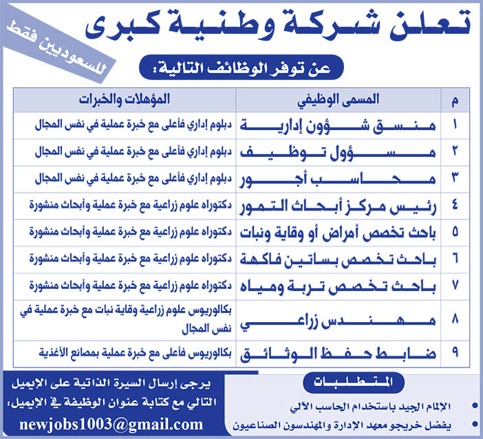 تعلن شركة وطنية كبرى عن توافر الوظائف التالية 