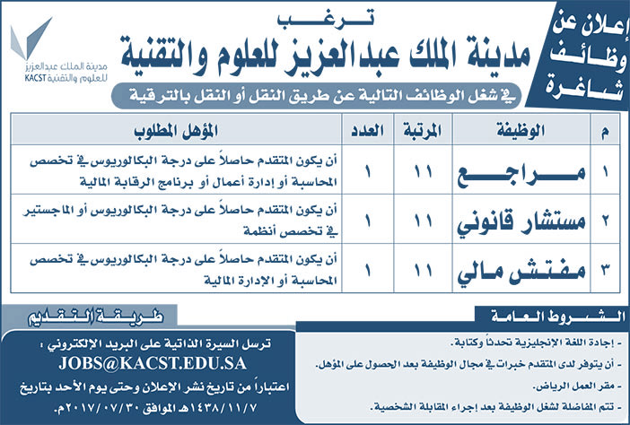مدينة الملك عبدالعزيز للعلوم والتقنية تعلن عن وظائف شاغرة 