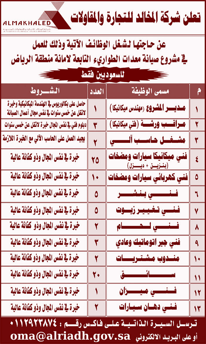 تعلن شركة المخالد للتجارة والمقاولات عن حاجتها لشغل الوظائف الآتية 