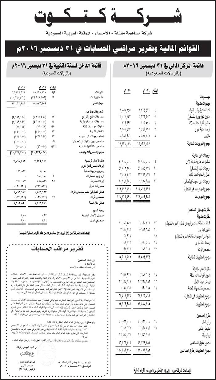 القوائم المالية لشركة كتكوت 