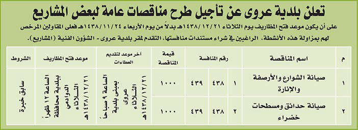 تعلن بلدية عروى عن طرح مناقصة عامة 