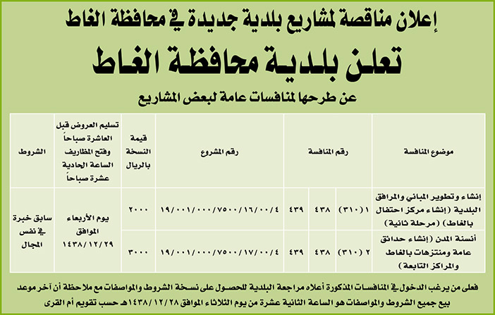 مناقصات حكومية (بناء - اسئجار - هدم - نقل - صيانة - تشغيل - شراء – بيع) 