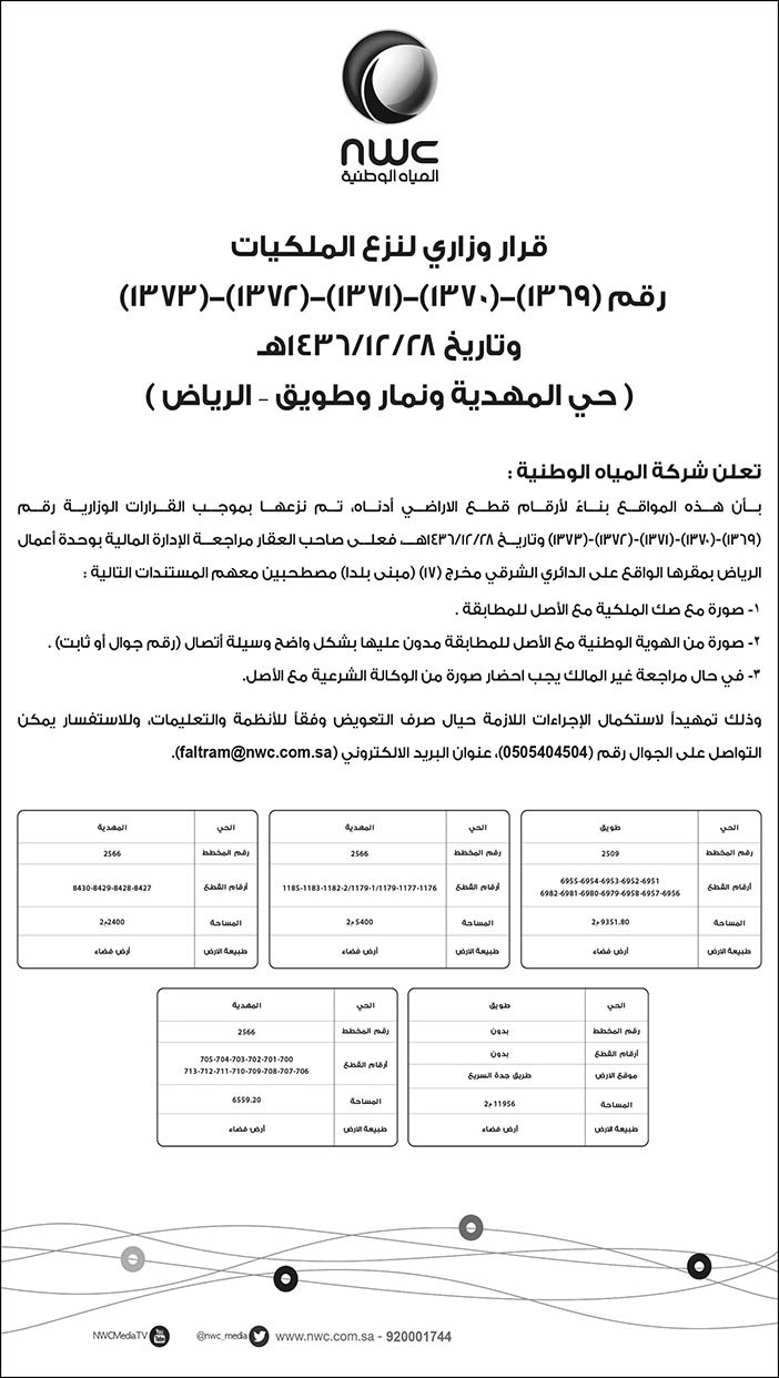 شركة المياه الوطنية قرار وزاري لنزع الملكيات 